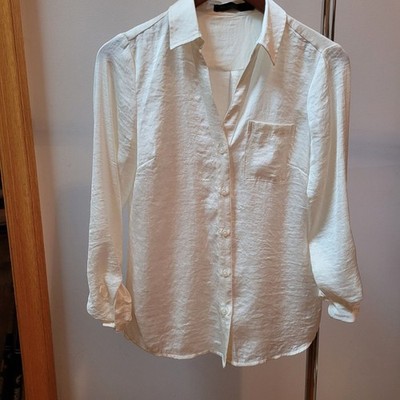 The Limited Womens Blouse S Ivory Semi Sheer Collared V Neck Roll Tab Slv