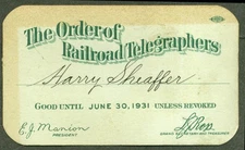 Order of Railroad Telegraphers Harry Sheaffer Membership Card 1931