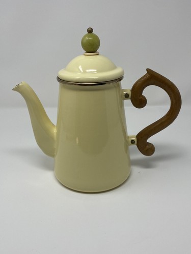 Vintage Mackenzie-Childs Yellow Enamelware Coffee Pot Wooden Handle Pastel - Picture 4 of 11