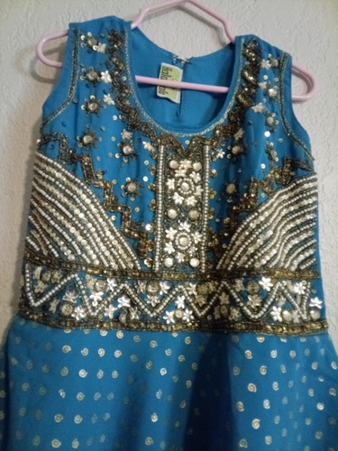 Vestido de fiesta indio paquistaní niño talla 24 Halawala azul turquesa ribete dorado - Imagen 2 de 5