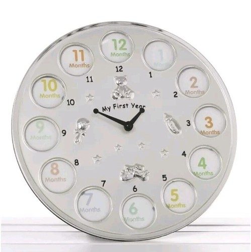 Meine erste Jahresuhr. Baby Kinderzimmer Fotouhr Satin Silber Fotouhr