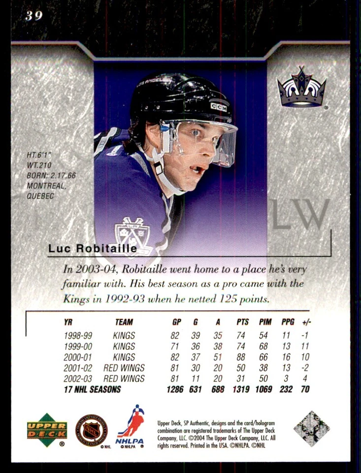 2003-04 SP Authentic Luc Robitaille Los Angeles Kings #39 - Image 2 of 2