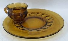 Vintage Indiana Glass Amber Kings Crown Thumbprint Snack Set Cup and Plate