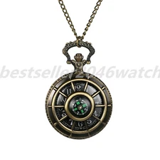 Bronze Hollow Compass Case Quartz Analog Pocket Watch Pendant Necklace Men Women