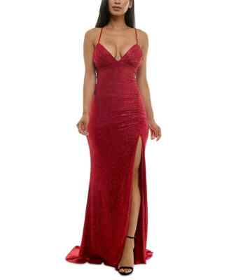 Emerald Sundae Juniors' Metallic-Threaded High-Slit Gown, RED