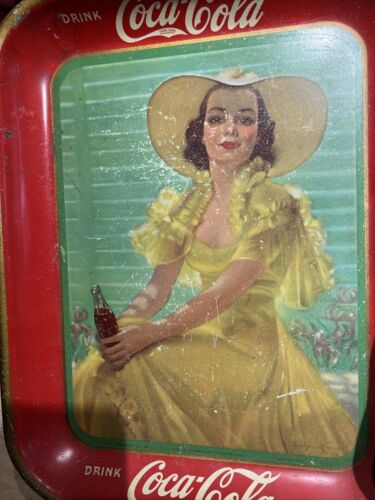 VINTAGE 1938 COCA-COLA SERVING TRAY "LADY IN THE YELLOW DRESS" - Picture 20 of 21
