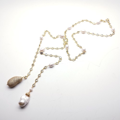 47" White Baroque Pearl Cz Pave Rosary Chain Loop Long Necklace - Imagen 6 de 6