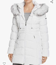 Laundry By Shelli Segal, Women's White 3/4 Puffer With Faux Fur Trim Hood, Us S
