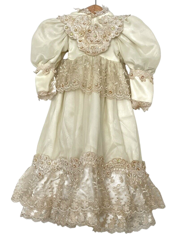 Vintage Doll Clothing Dress Satin Beaded Embroidered Lace + Feathered Hat - Picture 2 of 9
