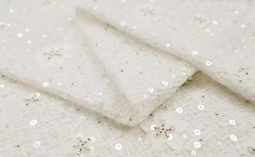 Tela bordada de lentejuelas de tweed blanco de lujo de 3 yardas tela de malla de lentejuelas florales - Imagen 3 de 8