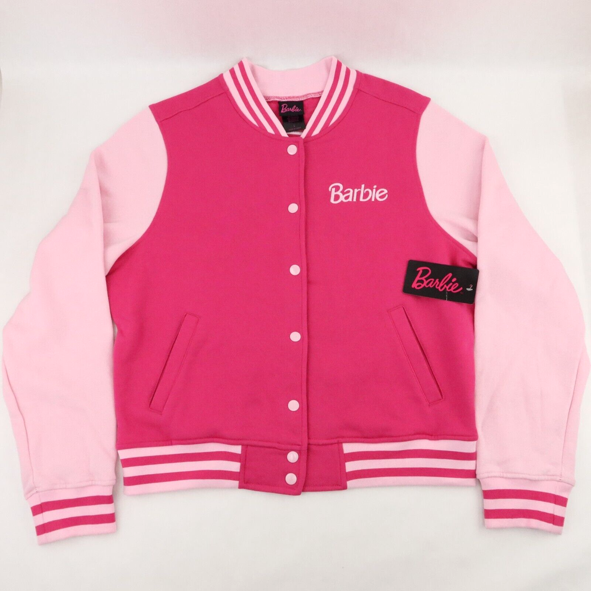 Barbie Varsity Jacket Girls Large Womens Junior Pink Stripes
