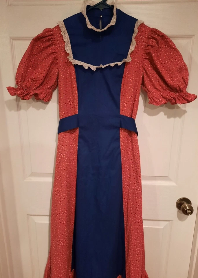 Vestido Pradera Años 70 Manga Abullonada Rojo/Naranja Ditsy Floral y Azul Marino, Busto 36" Foto 2 de 4