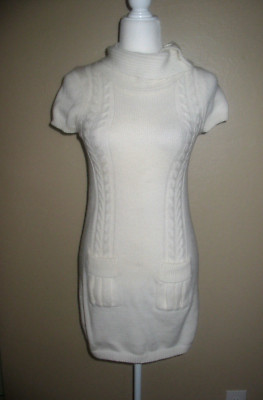 J.F.W. White Cable Knit Sweater Mini Dress Short Sleeve Pockets Size Small S