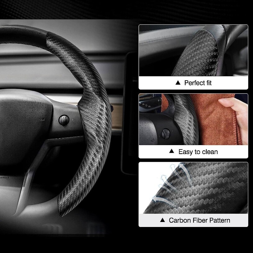 Carbon Fiber Style Custom Fit Steering Wheel Cover For Tesla Model 3 HighLand