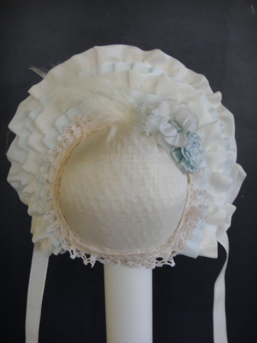 Beige and blue silk hat for antique or modern dolls - Size 9 - 9.5" HC - Picture 2 of 4