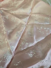 Scarf Satin Pink White Emboss Florals Butterflies Fringe France 10x46in Vtg