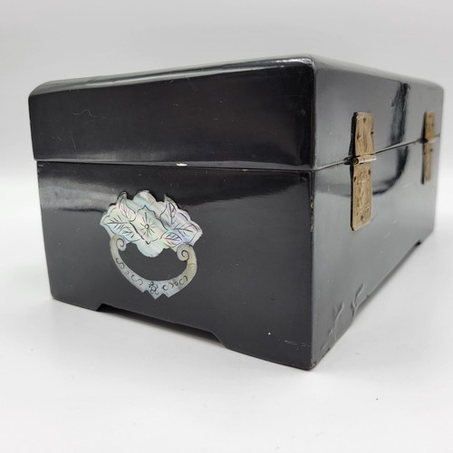 Vintage Black Lacquer Inlay Mother Of Pearl Jewelry Box Red Interior *READ* - Picture 14 of 22