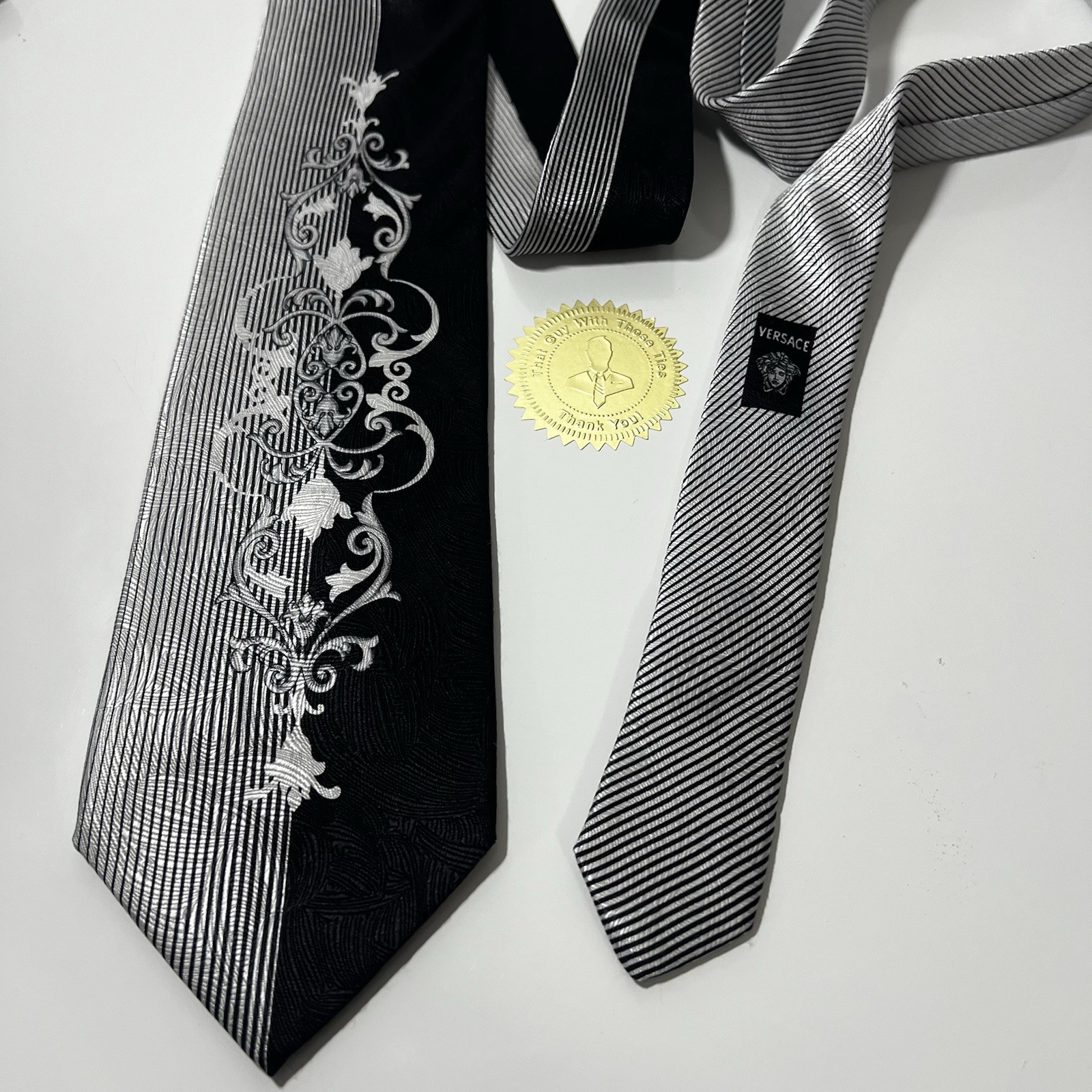 VERSACE Black&Silver Split Pattern Silk Luxury Ti… - image 10