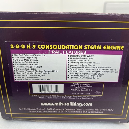 MTH Premier 20-3166-2 Western Maryland 2-8-0 H-9 Consolidation Steam PS.2 O New - Picture 24 of 24