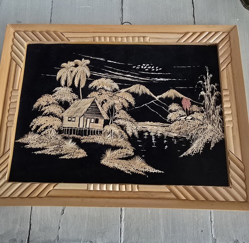 Vintage Mixed Media Collage Artwork Bamboo on Black Velvet Framed Tiki Bar MCM - Picture 9 of 9