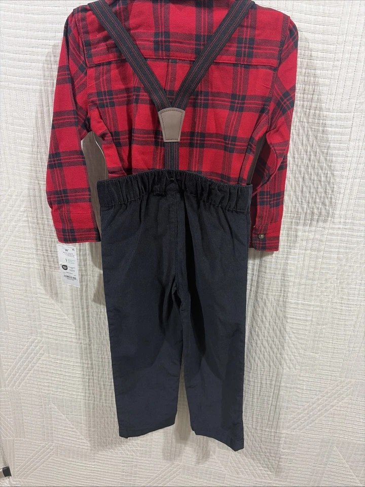 Child Of Mine 3 Piece Red Plaid Shirt /black Cordaroy Pants Suspended/tie New - Image 3 of 4