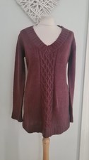 Ladies Womens Burgundy Cable Knit Long Jumper Size 12 V Neck Long Sleeve VGC