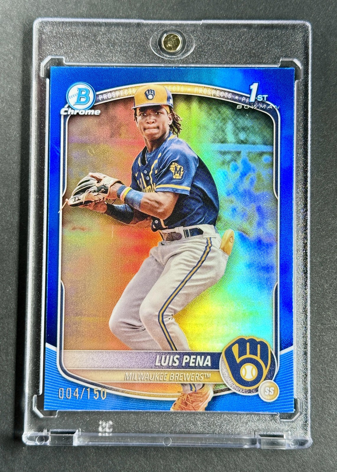 Luis Pena 2025 1st Bowman Chrome Prospect #/150 Blue Refractor Card Brewers