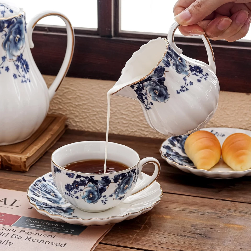 Juego de tazas de té Agyiuns porcelana hueso porcelana 6,4 oz floral borde dorado blanco azul Foto 4 de 4