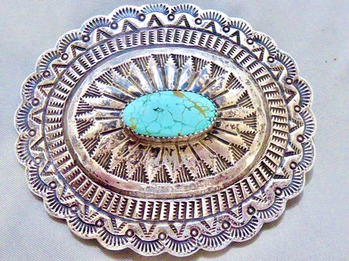 EARLY HAND STAMPED SIGNED NAVAJO STERLING SILVER SPIDER WEB TURQUOISE CONCHO