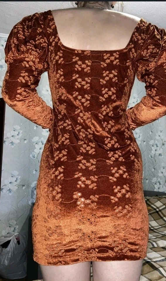 Asos Medieval Revival Burnt Orange Velvet Mini Dress Sz 12 - Image 3 of 4