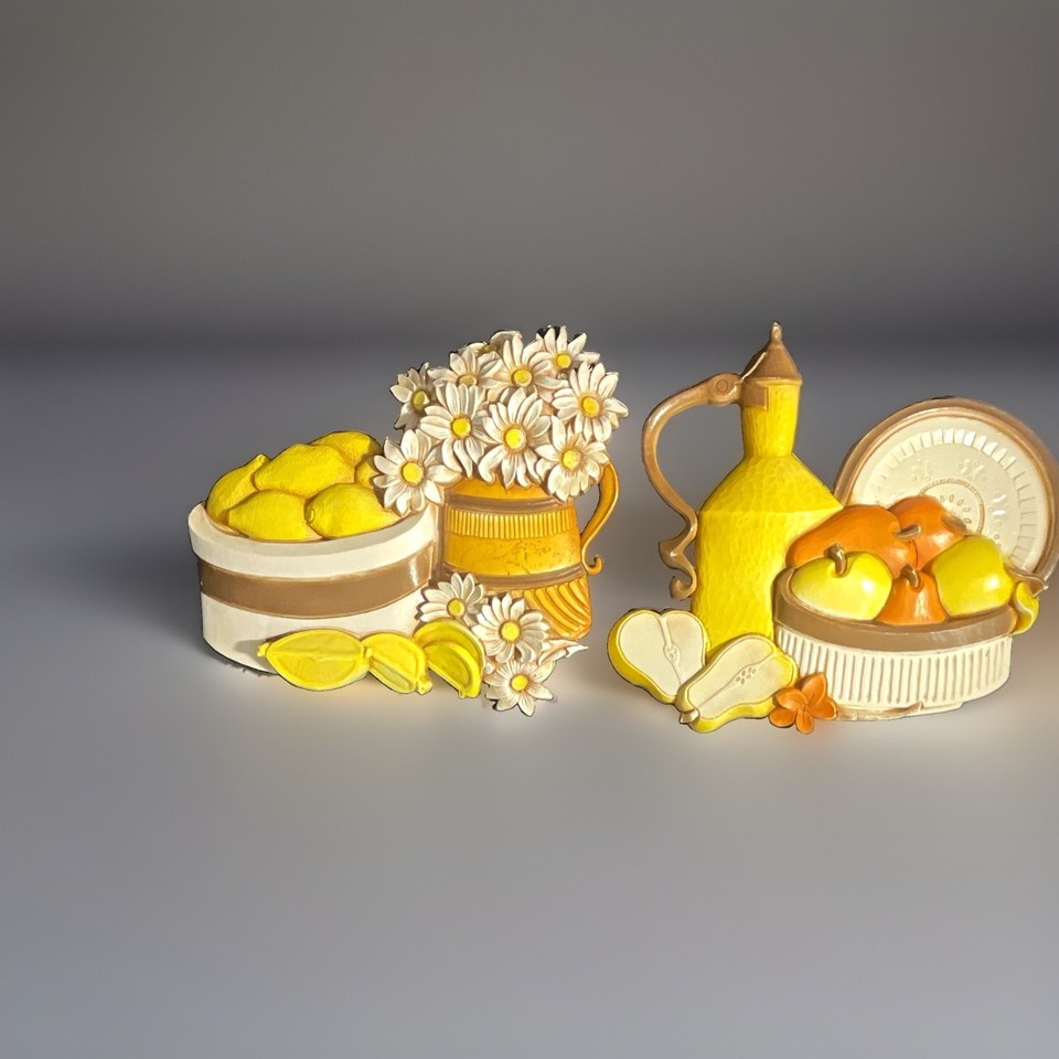 Genuine vintage Homco ceramic fruit & floral wall plaques — the kind of kitschy mid-century set that's back in ironic and earnest style.