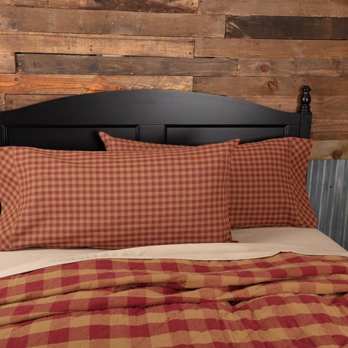 Primitive King Pillow Case Set of 2 Red Burgundy Check Bedroom Decor VHC Brands - Picture 2 of 7