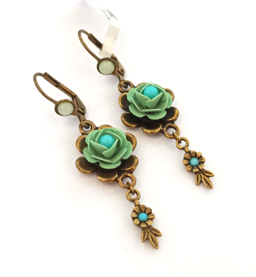Brincos Michal Negrin verde pastel azul rosas 3D 2 em gota longa boho romântico - Imagem 3 de 4