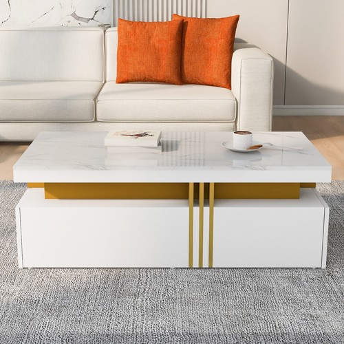 Couchtisch Kaffeetisch Sofatisch Wohnzimmertisch Hochglanz Weiß Gold 2Schubladen - Bild 2 von 15