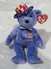 TY Beanie Babies of the Month Founders Lite Blue w/Hat Plush Bear DOB July 2005