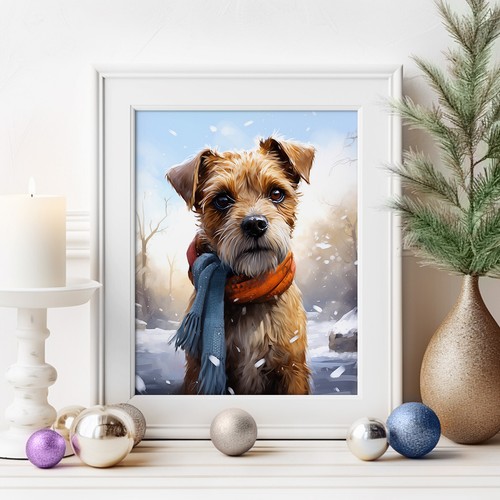 Border Terrier en un estampado de bufanda de invierno, pintura en acuarela, retrato de mascotas - Imagen 10 de 10