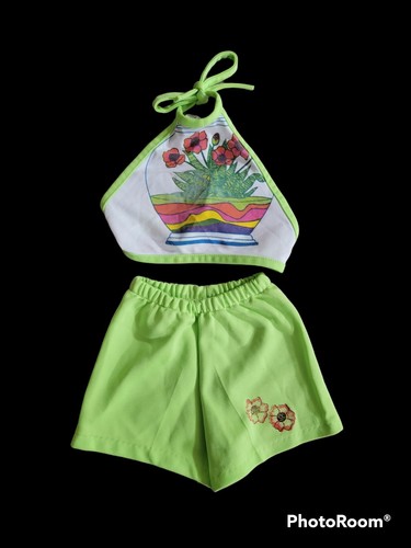 Vintage Kleinkind Mädchen Neckholder Top Shorts Set limettengrün Strand Blumen Polyester