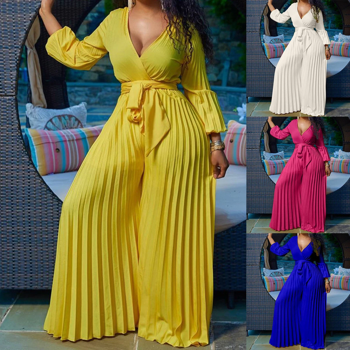 Full Sleeve Jumpsuit Women Womens Deep V Neck Long Sleeve Button Down Wide Leg