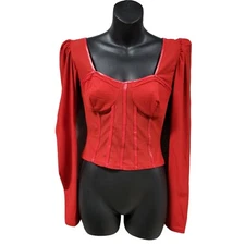 GUESS Top Womens sz Large Scarlet Red Bustier Seam Long Volume Sleeve Whimsigoth