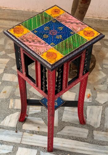 Embossed painted wooden stool beautiful bedside table Indian furniture decor - Picture 10 of 12
