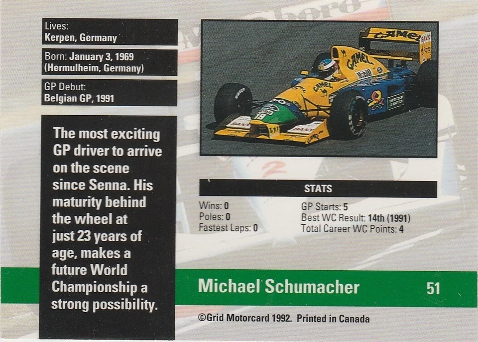 Tarjeta de novato Michael Schumacher #51 1992 rejilla Fórmula Uno - casi como nueva o mejor Foto 2 de 2