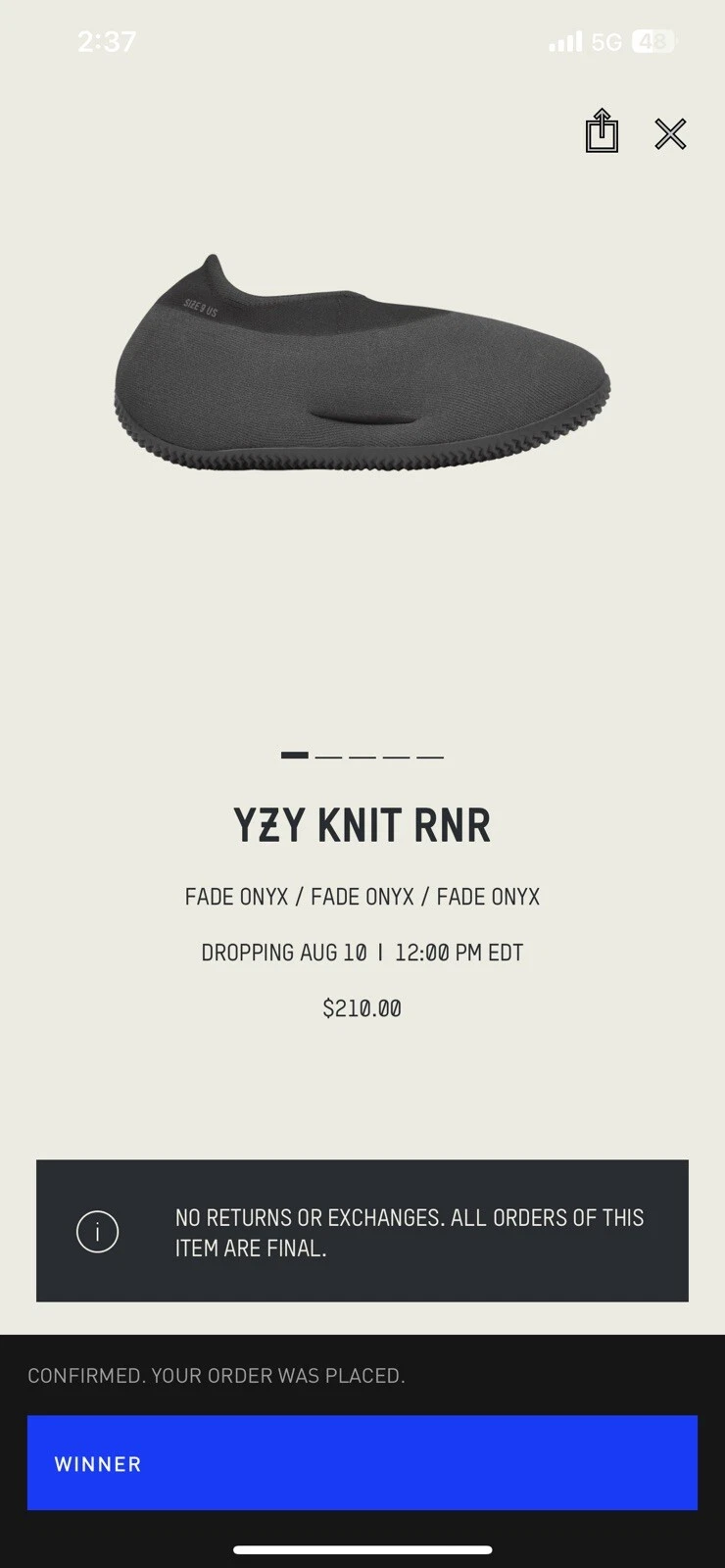 Adidas Yeezy Knit RNR onice sbiadito taglia 8 5 nuovo con scatola Ig7831