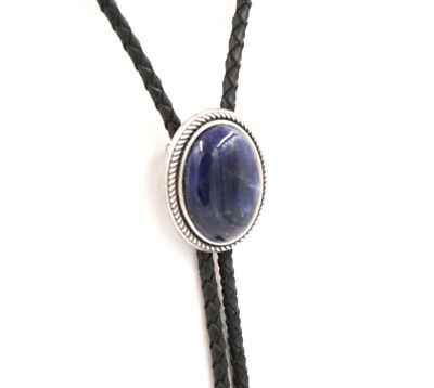 Hand Made Blue Sodalite Stone Western Cowboy Leather Bolo Neck Tie