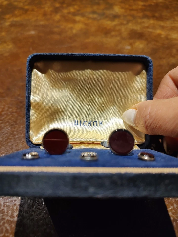 Vintage Hickok Cufflinks & 3 Button Pins Ruby Glass On Silver Tone  - Image 2 of 2