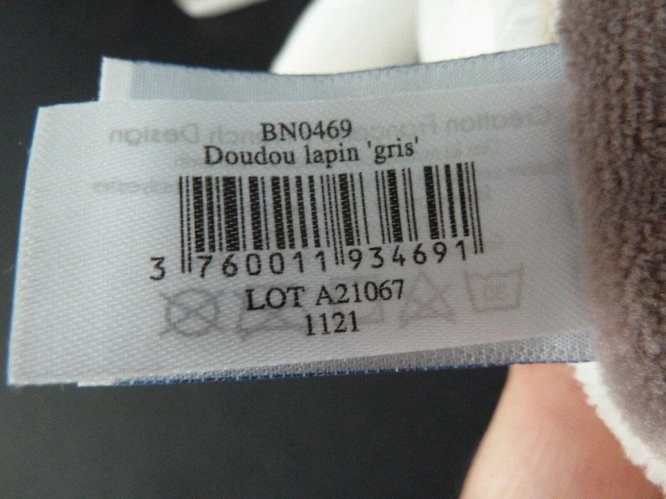 F. Doudou plat carré BABY NAT LAPIN GRIS BN0469 blanc taupe - 100% NEUF - Photo 4/4
