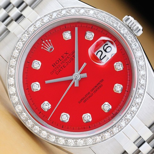Rolex Herren Datejust Rotes Ziffernblatt 18K Gold Stahl Diamant Uhr W / Jubiläum