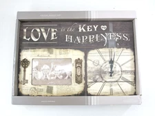 Love Frame and Wall Clock  11H x 17W x 1 1/2D  Aged Black/Brown