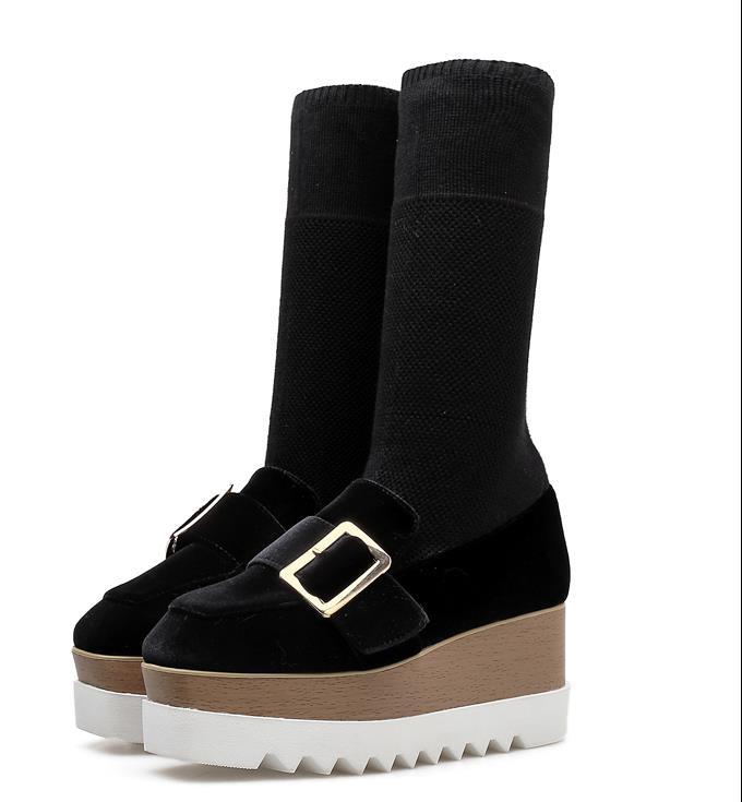 Women Square Toe Wedge Wedge Wedge High Heels Platform Stretchy Sock Mid Calf Boots Black cc65e7 Women Square Toe Wedge Wedge Wedge High Heels Platform Stretchy Sock Mid Calf Boots Black cc65e7