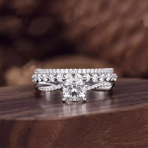 Moissanite Bridal Set Engagement Ring Cushion Cut 2.50 CT Solid 14K White Gold - Picture 2 of 8