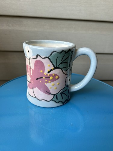 Dinosaur Peekaboo Surprise Flowers Blue Handmade Art Pottery Mug 14oz Signed